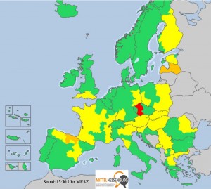 Die Wetterlage verschlechtert sich wieder: Aus Frankreich ist ein neues Tief im Anmarsch, während über der Tschechei es schon wieder regnet. Bildquelle: Meteoalarm.eu Bearbeitung: Mittelhessenblog.de