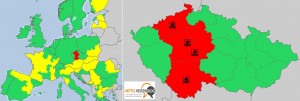 14.30 Uhr, 7. Juni: Noch herrscht über den Hochwassergebieten in Deutschland stabiles Wetter, während sich in der Tschechei schon ein neues Unwettergebiet ausgebildet hat und eine neue Front sich aus Frankreich auf den Weg macht. Bildquelle: Meteoalarm.eu Bearbeitung Mittelhessenblog.de