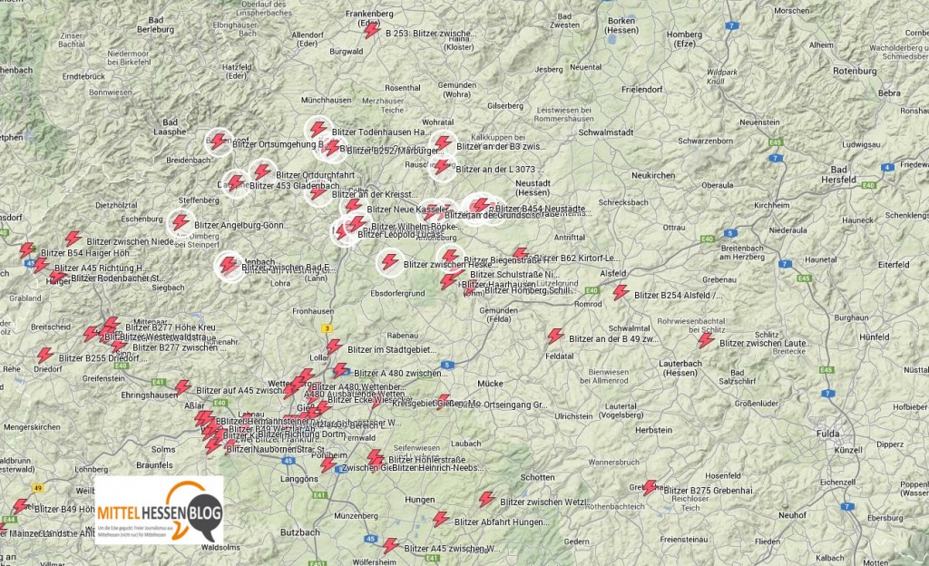 Zum ersten Mal wird bundesweit 24 Stunden die Verkehrsgeschwinddigkeit gemessen. In Mittelhessen allein sind 80 Kontrollstellen. Grafik: Mittelhessenblog.de