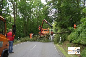 Nur ein Stau: Die Aufräumarbeiten der Straßenbauverwaltung, zwangen den Verkehr zu einer Pause. Weil die Polizei den Verkehr kurzfristig umgeleitet hatte, war der Stau nicht größer geworden. Foto: v. Gallera