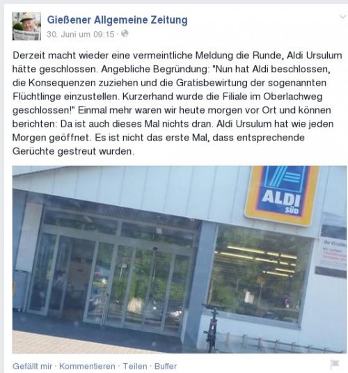 Facebookhinweis Gießener Allgemeine zu angeblicher Aldi-Schließung. Quelle: Facebook: GAZ.