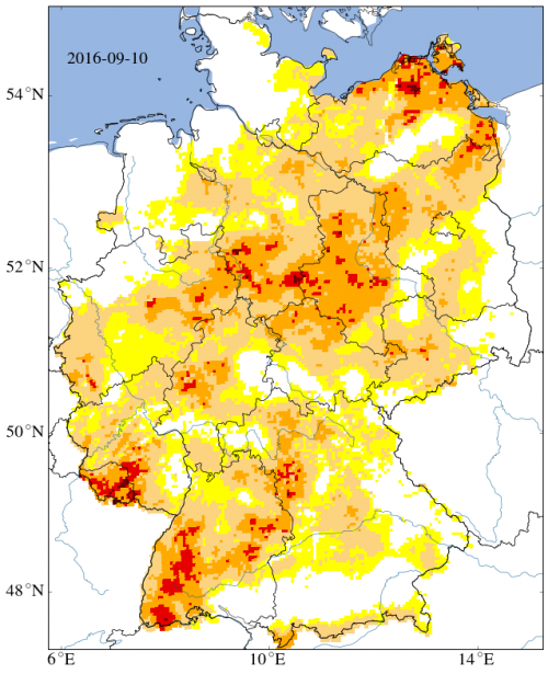 Vom Saarland und Baden-Würrtemberg, mitten durch Hessen bis in die nordostdeutschen Bundesländer ziehen sich die Regionen mit extremer und außergewöhnlicher Dürre: Quelle UFZ, Mitteldeutsches Klimabüro Leipzig