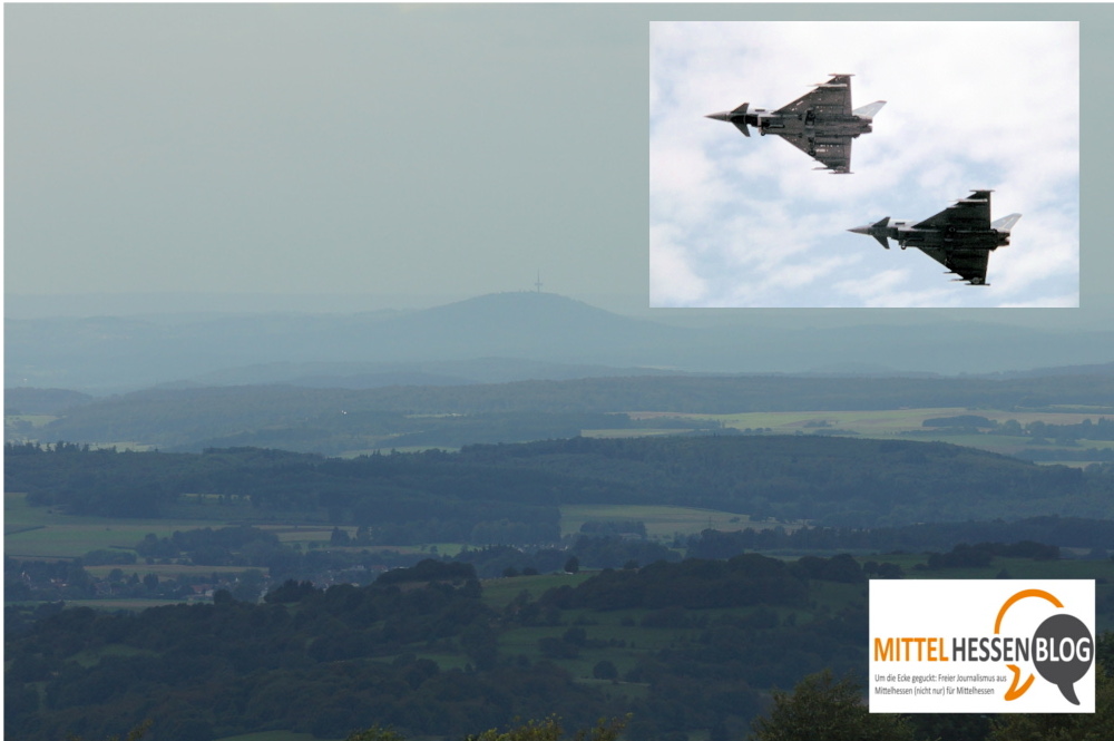 Zwei Eurofighter rissen Mittelhessen aus der Feierabendruhe. Bilder: v. Gallera/Wikipedia. Montage: Mittelhessenblog