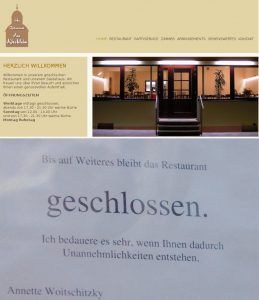 Vergangenheit und Gegenwart: Auf der Website lädt das Restaurant noch ein. An der Tür informiert ein Zettel darüber, dass es nun bis auf weiteres geschlossen ist. Quelle: Website "Am Kirchlein", Foto und Montage: v. Gallera