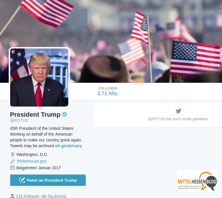 Er ist der 45. Präsident der USA. Donald Trump. Sein offizieller Account bei Twitter wirkt noch brach...Quelle: Twitter/WhiteHouse.gov Bearbeitung: Mittelhessenblog