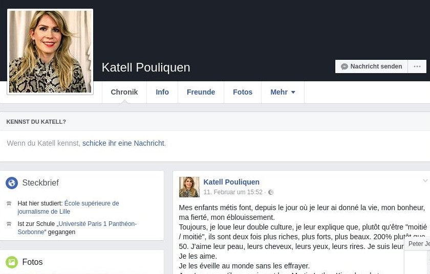 Auf ihrem Facebook-Profil fragt Katell Pouliquen,ob sie sich 2017 in Frankreich,überhaupt in Europa Sorgen machen muss,weil ihre Kinder eine andere Hautfarbe haben. Quelle: Screenshot FB-Profil Pouliquen