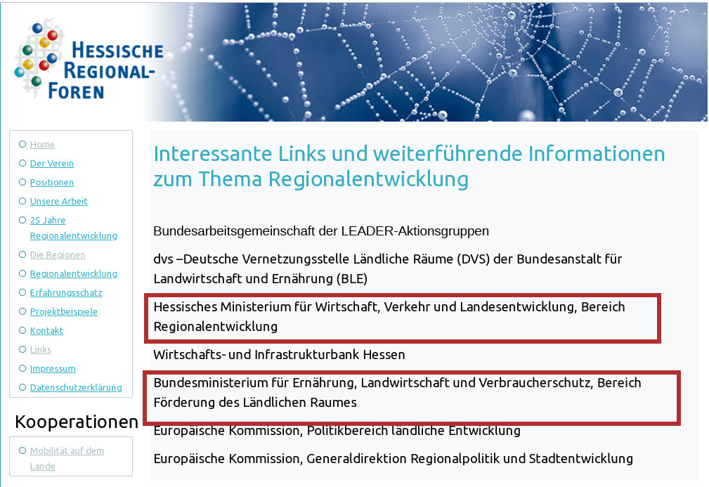 Wer auf diese zentralen Infolinks der hessischen Regionalforen klickt, landet aktuell auf Fehlermeldungen. Quelle: Hessische Regionalforen. Bearbeitung: v. Gallera, Mittelhessenblog